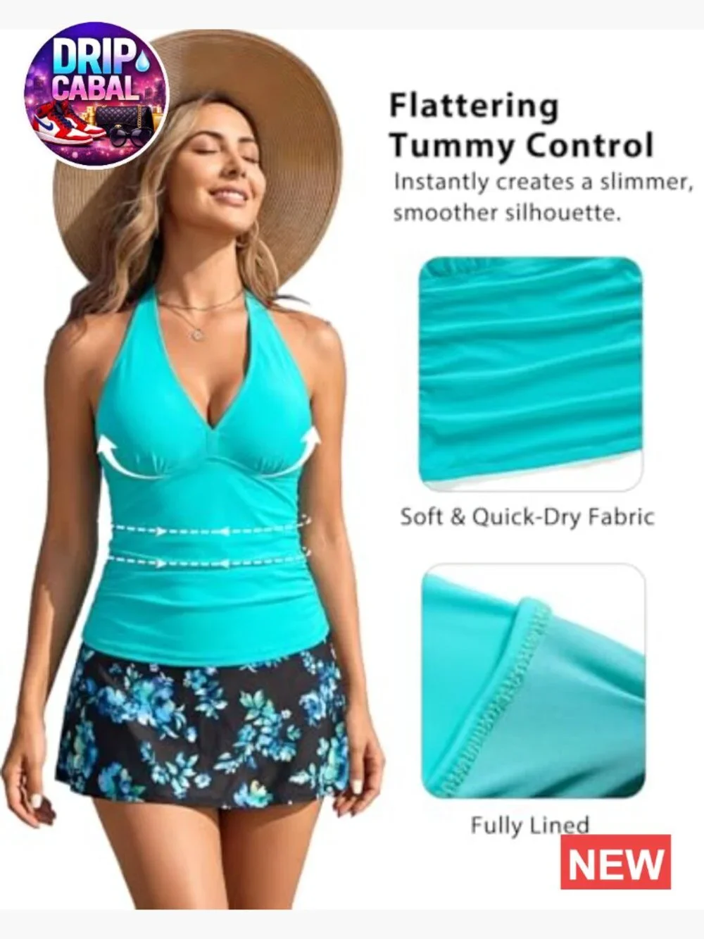 2 Piece Tankini with Skirt Tummy Control Swimwear Halter V Neck